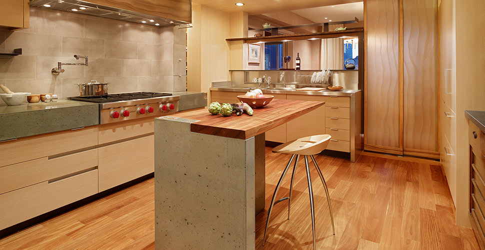 Concrete countertops and island in San Francisco highrise byt Fu-Tung Cheng, Cheng Design | Concrete Exchange
