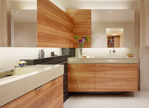 Concrete countertops and sinks in bathroom