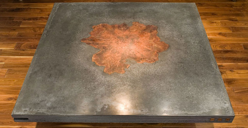 Concrete Table with Large Wood Inlay by Keelin Kennedy