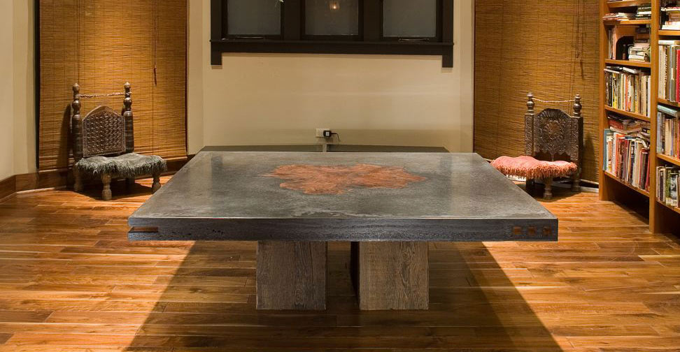 Concrete Table with Large Wood Inlay by Keelin Kennedy