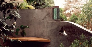 Concrete Wall with Glass Inlay and Wood Bench by Gary Day | Concrete Exchange