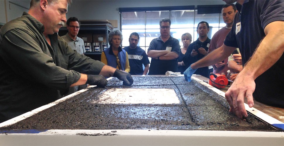 Mike and Clay adding basalt rebar to a precast concrete countertop | CHENG Concrete Exchange