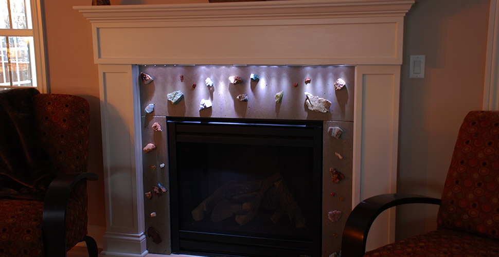 Concrete & Gem Stone Fireplace Surround by Flint Ridge Concrete Design | CHENG Concrete Exchange