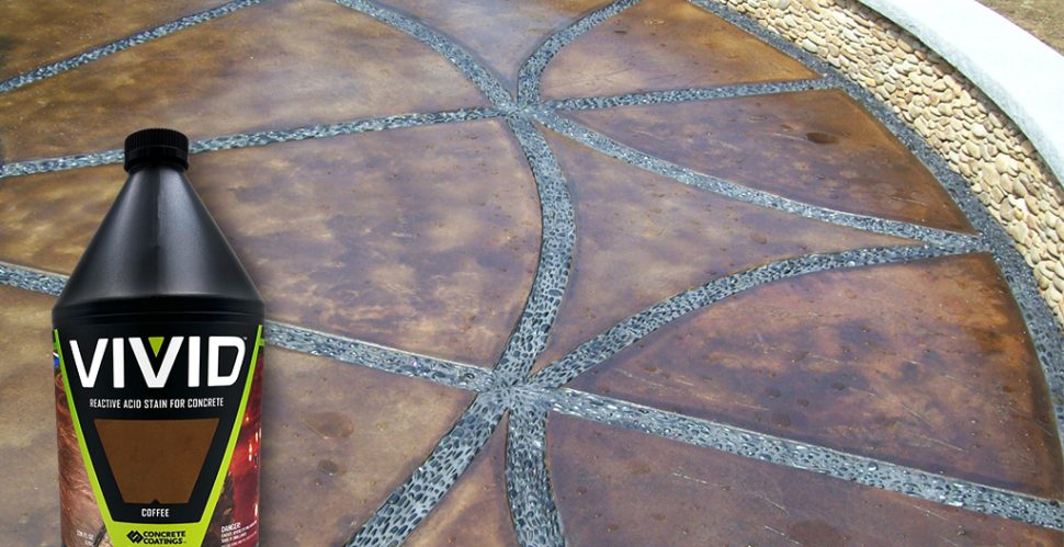 Vivid Acid Stain bottle on medium to dark brown acid stained patio